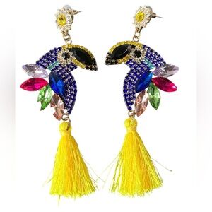 Rhinestone Parrot and Tassel Drop Earrings Set of 2 Fun and Colorful